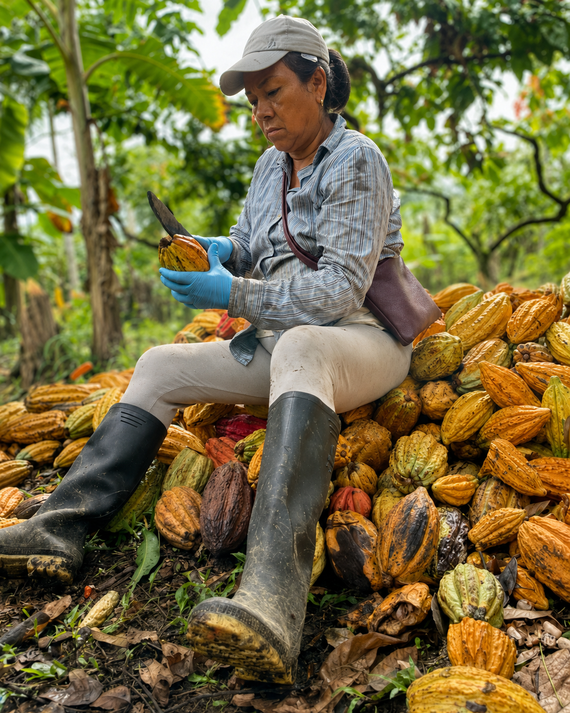 Marialisa Calapucha apre una cabossa di cacao nella comunità Kichwa di Mishki Runa, Ecuador