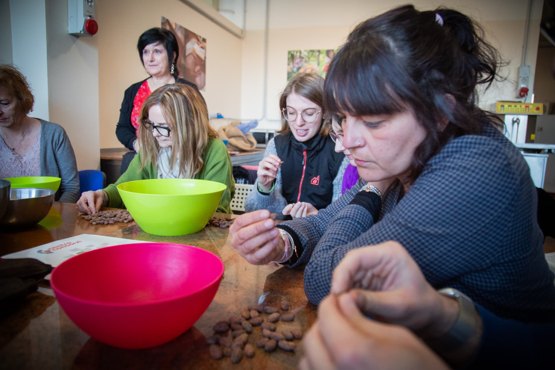 Partecipanti adulti impegnati nella selezione delle fave di cacao